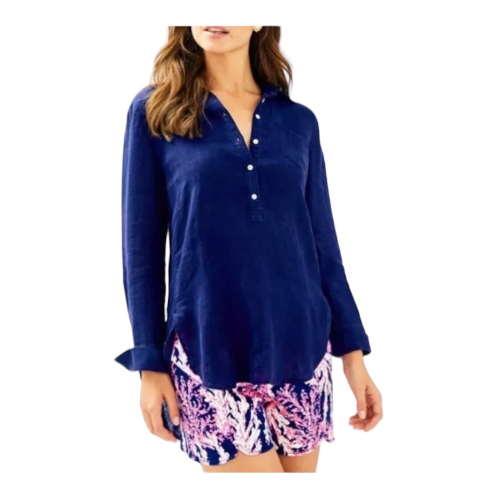 Lilly Pulitzer Deanna Popover Blouse True Navy 100% Linen Sz 4